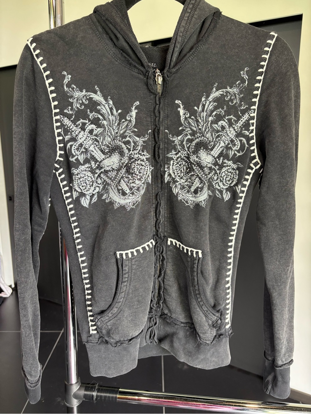 Sinful Black Zip-Up Hoodie with White Floral Sword Graphics & Rhinestones